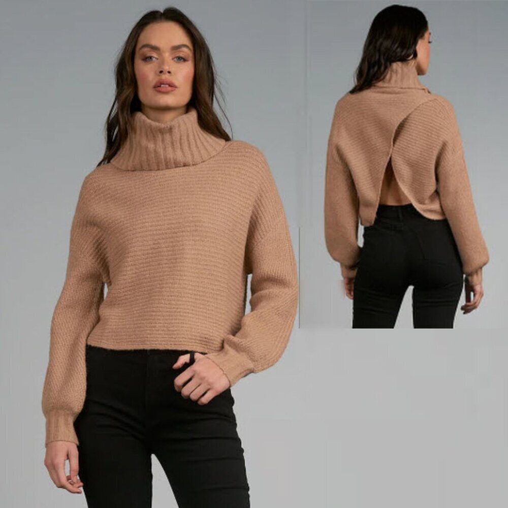 Elan Tan Cowl Neck Sweater Split back Size Medium